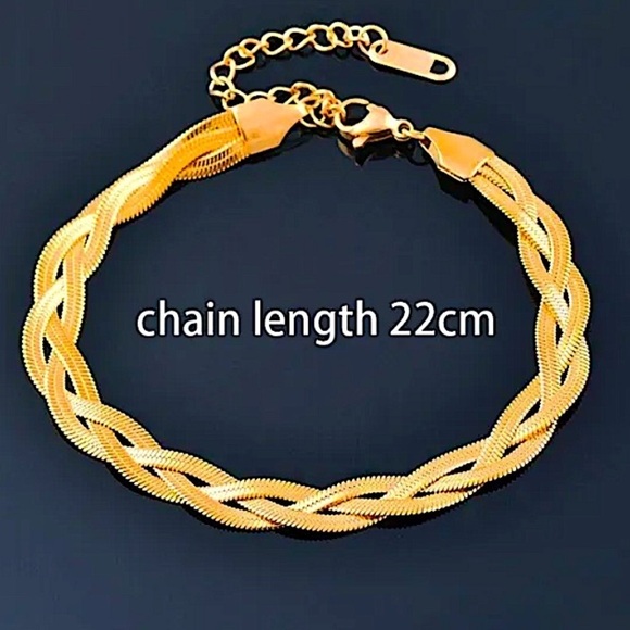 Braided Twisted Gold Plated Herringbone Flat Necklace Matching Bracelet Set - Picture 7 of 8